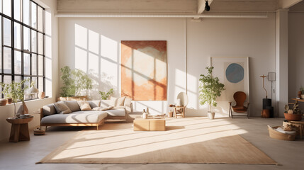 Spacious industrial-style loft with large white blank walls, minimalist furniture, and plants, enhanced by warm natural lighting for a cozy atmosphere.