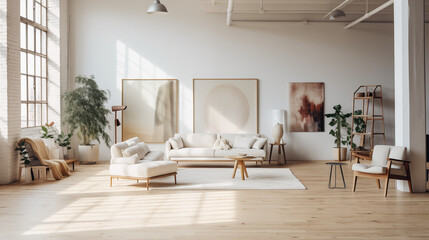 Spacious industrial-style loft with large white blank walls, minimalist furniture, and plants, enhanced by warm natural lighting for a cozy atmosphere.