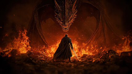 lone armored warrior stands bravely facing massive dragon amidst fiery landscape, evoking sense of epic confrontation and dark fantasy