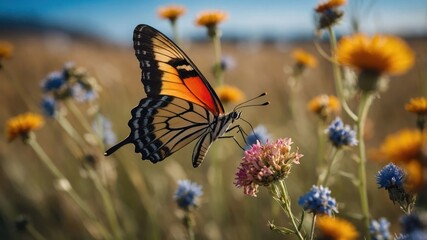 Naklejka premium A butterfly perched on a flower amidst a field of blooms under a clear sky.