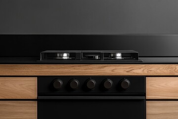 Fototapeta premium Modern black gas cooktop, wooden kitchen, dark wall
