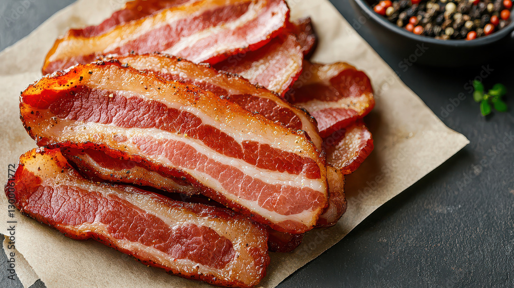 Poster Freshly sliced raw bacon with wavy edges is displayed on parchment paper, seasoned with peppercorns, creating savory and appetizing presentation