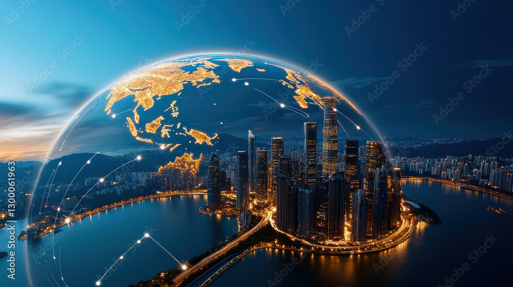 Poster dynamic cityscape at night with illuminated skyscrapers and digital globe overlay symbolizes global 