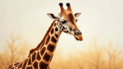 Obraz premium A giraffe painting with a detailed and realistic depiction of a giraffe's head and neck against a soft, blurred background.