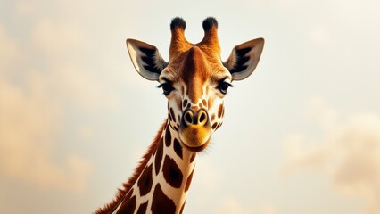 Obraz premium A detailed giraffe painting with a focus on the giraffe's face and neck, showcasing its unique patterns and features.