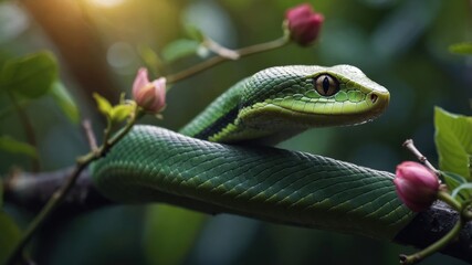 Obraz premium A vibrant green snake resting on a branch surrounded by pink flowers in a lush environment.
