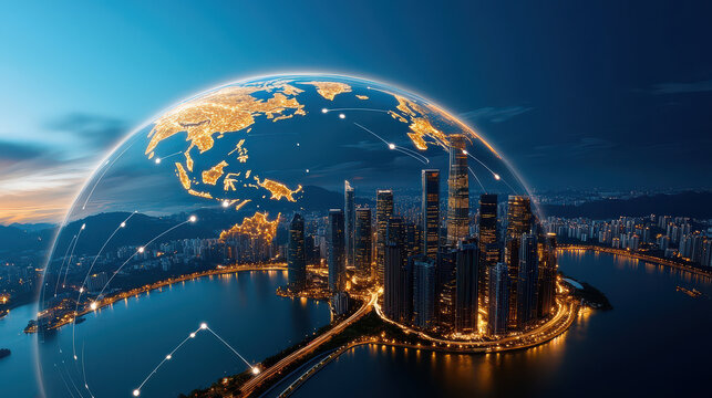 dynamic cityscape at night with illuminated skyscrapers and digital globe overlay symbolizes global connectivity and economic expansion