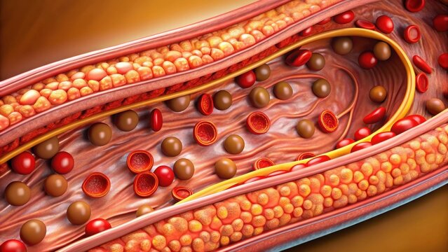 Detailed image of a cross-section of an artery showing advanced atherosclerosis and formation of atheromatous plaque , Plaque Buildup, Vascular Disease