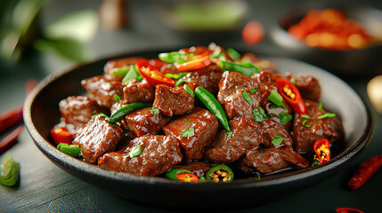 delicious Asian style spicy beef stir fry garnished with vibrant red and green chili peppers, served dark bowl. dish is rich color and texture, showcasing tender beef pieces coated savory sauce