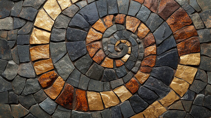 A close-up of an exquisite mosaic featuring interlocking spiral designs, created from naturally weathered stones arranged in an artful, harmonious pattern