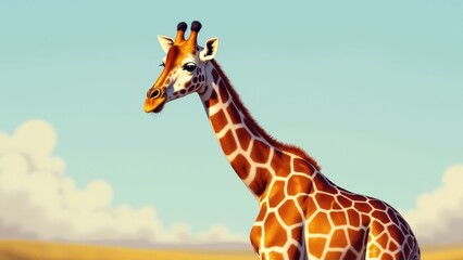 Obraz premium A giraffe painting with a detailed and vibrant depiction of a giraffe against a clear sky background.