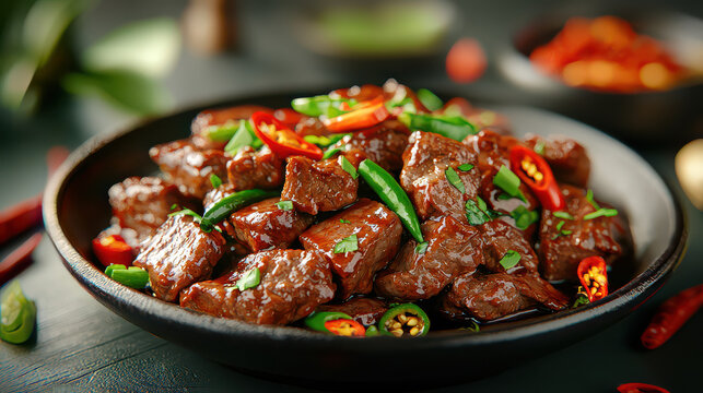 delicious Asian style spicy beef stir fry garnished with vibrant red and green chili peppers, served dark bowl. dish is rich color and texture, showcasing tender beef pieces coated savory sauce