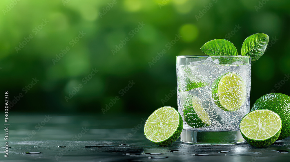 Poster refreshing glass of sparkling water with lime slices and mint leaves on wet surface, set against vib