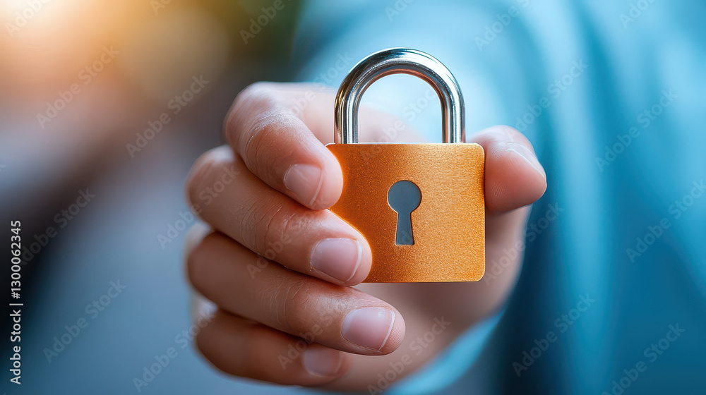 Poster hand holding golden padlock symbolizes security and protection in digital context. focus is on lock,