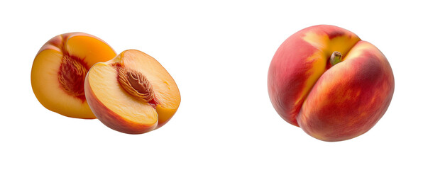 ripe peaches with one sliced open to reveal the pit.