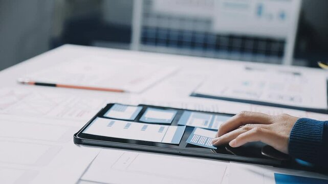 Business brainstorming and planning, Close up of developer and designer teamwork hand discussing for the solution of mobile app interface wireframe design at modern office. 