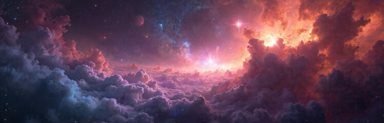 Naklejka premium Fantasy space background. Starry sky with pink, purple, blue, and orange colors. Universe, clouds, stars, and planets. Cosmic wallpaper. Space theme for kids, children. Sci-fi background concept.