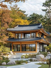 A wooden pavilion displays a beautiful Korean building in the forest