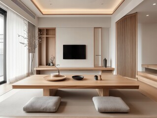 Fototapeta premium Wooden Table And Minimalist Interior In A Living Room