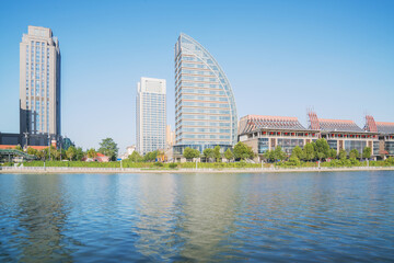 The urban architectural skyline, modern bridges, and Haihe River scenery of Tianjin, China on August 11, 2024