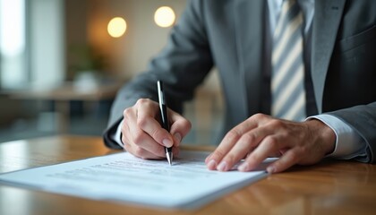 Man signs insurance contract, liability agreement with pen. Businessman in formal suit reading legal document on wooden desk. Financial risk mitigation, pro security.