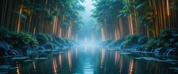 Serene Bamboo Forest River Scene Peaceful Nature Tranquil Water Reflections Magical Light