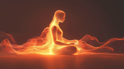 A meditative silhouette is enveloped by vibrant, swirling colors that symbolize energy and tranquility, promoting focus and inner peace during contemplation