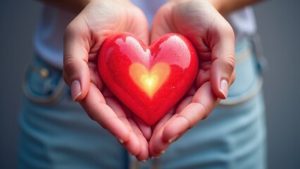 Fototapeta premium Hands holding a shiny red heart with a glowing smaller heart inside.