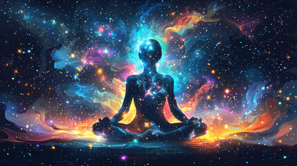 Obraz premium A cosmic silhouette sits in a meditative pose, immersed in vibrant colors and celestial patterns, symbolizing peace and spiritual growth in the universe