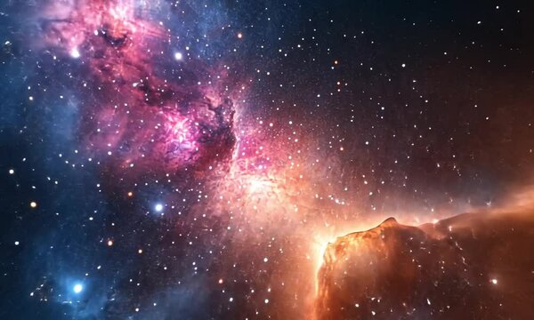 Spacecraft Navigating Small Magellanic Cloud Galaxy with Stars Nebulous Gas Clouds and Distant Galaxies in Video