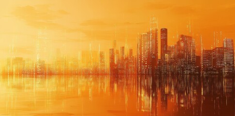 A stylized city skyline reflecting in calm tranquil water at sunset