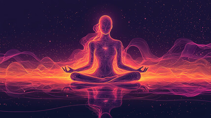 This abstract vector illustration depicts a silhouette in a meditative pose, surrounded by flowing lines and vibrant colors symbolizing inner peace and spirituality