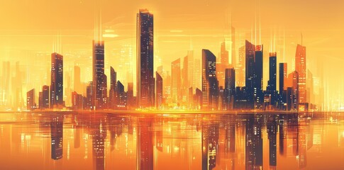 The glowing cityscape with reflections in a body of water