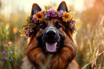Cute baby dog german shepherd wearing savage flower circlet on its head. Summertime happiness. Soft daylight. Playful dog enjoying summer. Cute pup with a flower crown. Puppy exploring nature.