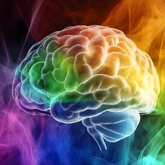 Obraz premium A vibrant, holographic digital rendering of a human brain with a rainbow color gradient and glowing wireframe details, set against a smoky multicolored background. For AI, neuroscience, tech concepts.