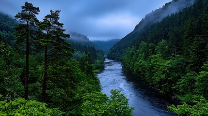Serene River Valley Landscape Misty Mountains Lush Green Forest Tranquil Water