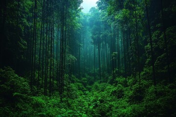 Obraz premium Dark Lush Forest Path With Verdant Trees