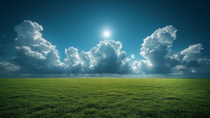 Vast green field under dramatic cloudy sky with bright sunshine