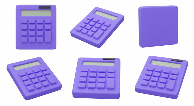 Set de calculadoras 3D estilo cartoon en tonos violetas desde diferentes &aacute;ngulos para dise&ntilde;o de proyectos.