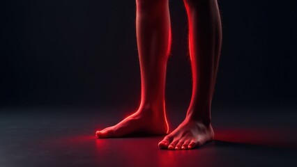 A pair of legs and feet illuminated by red light, standing on a dark surface.