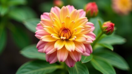 Obraz premium A vibrant dahlia flower with yellow and pink petals in full bloom, surrounded by green leaves.