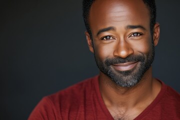 Fototapeta premium A joyful bearded black man smiles broadly while looking directly into the camera, exuding warmth and happiness in soft, flattering light