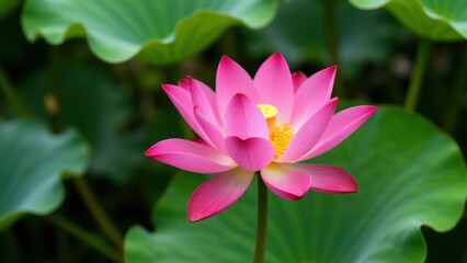 Obraz premium A vibrant red lotus flower in full bloom, surrounded by lush green leaves.