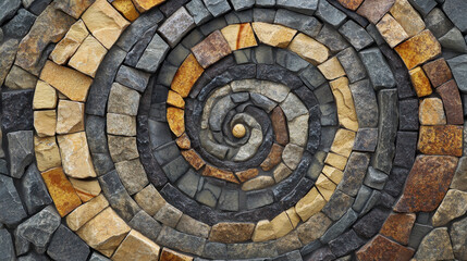 Fototapeta premium A breathtaking close-up of a handcrafted mosaic featuring a swirling, abstract pattern composed of irregularly shaped stones in shades of charcoal, sienna