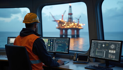 Engineer monitors offshore oil rig operations from control room at dusk. Person in safety helmet, orange vest works with computer, control panel. Industrial worker operates extraction platform.