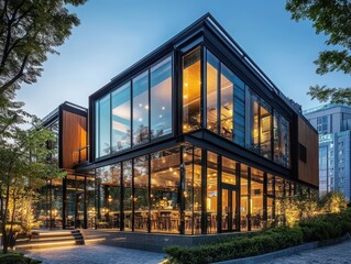 Fototapeta premium The contemporary building features a modern restaurant facade and windows