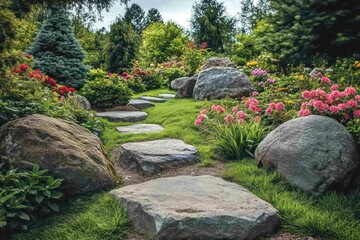 a beautiful blooming spring garden with huge stones and nice landscape design 
