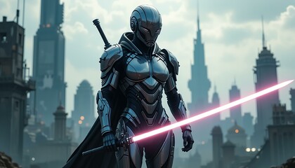 Naklejka premium Futuristic Female Cyborg Warrior with Lightsaber in Cyberpunk City