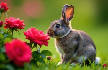 Cute baby rabbit exploring vibrant red roses in lush green garden
