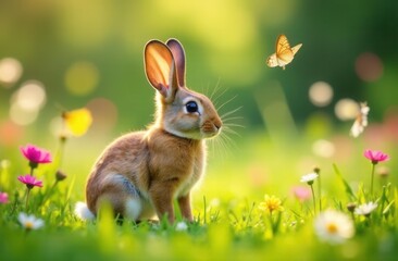 Obraz premium Young rabbit observing butterfly in vibrant spring meadow